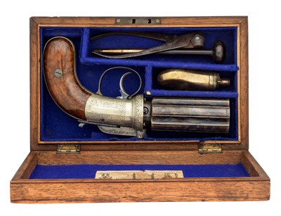 Lot 496 - A CASED 48 BORE SIX-SHOT PERCUSSION PEPPERBOX REVOLVER RETAILED BY WILLIAM FRY