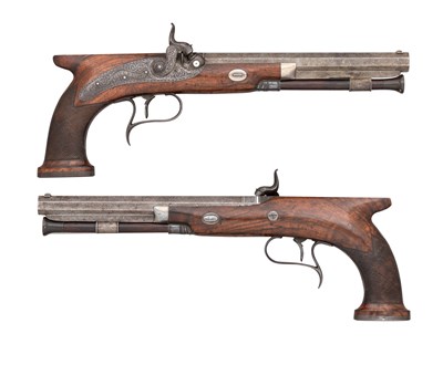 Lot 523 - A PAIR OF 36 BORE PERCUSSION SAW-HANDLED DUELLING PISTOLS BY WILLIAM & JOHN RIGBY