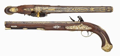 Lot 538 - A CASED PAIR OF 16 BORE SILVER-GILT-MOUNTED FLINTLOCK PISTOLS BY H. W. MORTIMER & CO. WITH GOLD