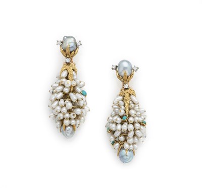 Lot 359 - PAIR OF CULTURED PEARL, TURQUOISE AND DIAMOND PENDENT EARRINGS, 1970s