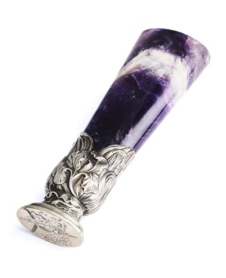 Lot 145 - A FRENCH SILVER-MOUNTED AMETHYST DESK SEAL, TAILLERIE DE ROYAT, ROYAT-LES-BAINS, EARLY 20TH CENTURY