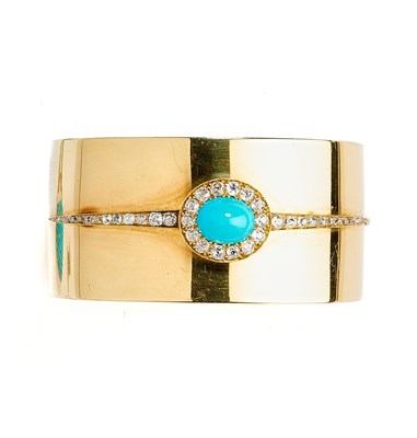 Lot 309 - VICTORIAN GOLD, TURQUOISE AND DIAMOND BANGLE, 1870s