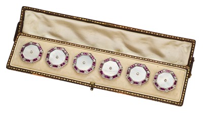 Lot 398 - SIX DIAMOND, RUBY AND MOTHER-OF-PEARL DRESS BUTTONS, 1920s