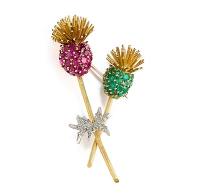 Lot 421 - KUTCHINSKY: GOLD, DIAMOND, RUBY AND EMERALD BROOCH, 1959