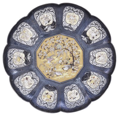 Lot 108 - ~A JAPANESE SILVER AND INLAID IVORY DISH