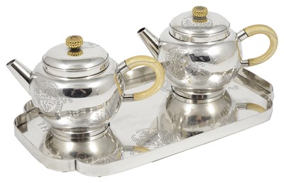 Lot 113 - ~A PAIR OF JAPANESE SILVER TEAPOTS AND COVERS AND A SILVER TRAY