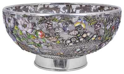 Lot 122 - A JAPANESE SILVER-MOUNTED AND ENAMEL BOWL