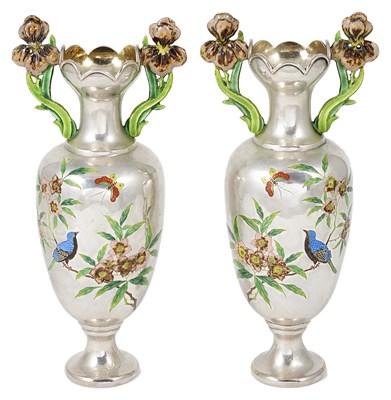 Lot 123 - A PAIR OF JAPANESE SILVER AND ENAMEL TWO-HANDLED VASES