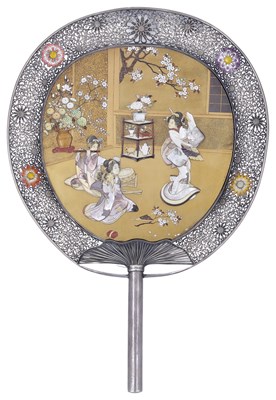 Lot 127 - ~A JAPANESE ENAMELLED SILVER AND INLAID LACQUER FAN-SHAPED DISH