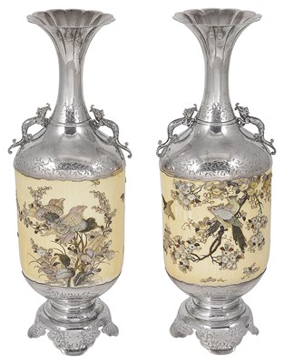 Lot 128 - ~A PAIR OF SILVER-MOUNTED INLAID IVORY VASES