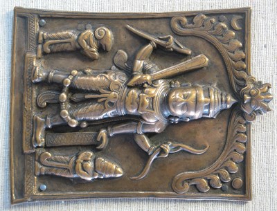 Lot 199 - A BRONZE PLAQUE DEPICTING VIRABHADRA