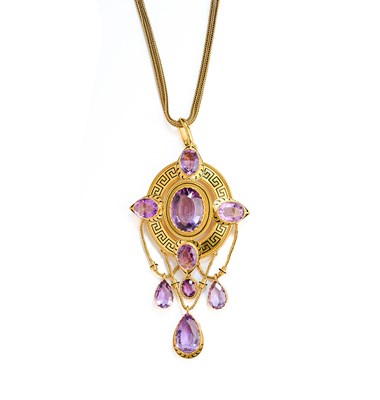 Lot 312 - GOLD, ENAMEL AND AMETHYST PENDANT AND CHAIN, 1870s