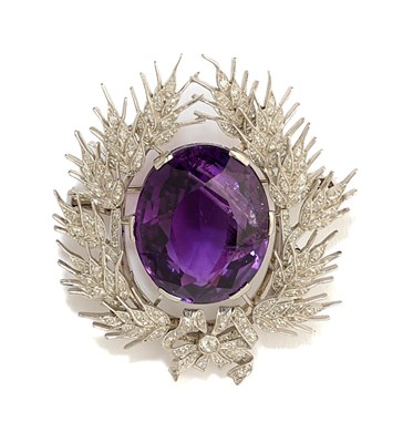 Lot 259 - AMETHYST AND DIAMOND BROOCH, EARLY 20TH CENTURY