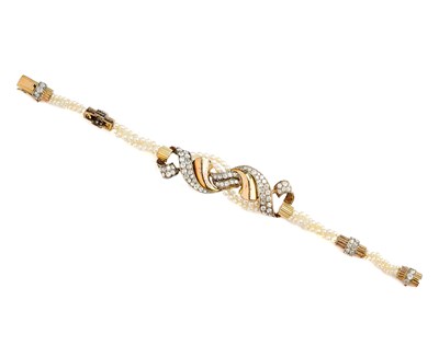 Lot 412 - DIAMOND, SEED PEARL AND GOLD BRACELET, 1940s