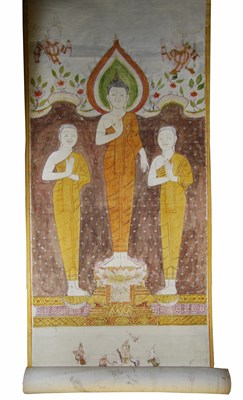 Lot 274 - A LARGE POLYCHROMED PAINTED BANNER