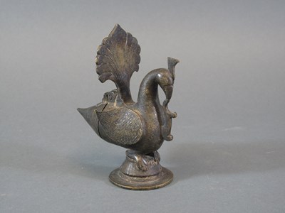 Lot 275 - A BRONZE LIMEPOT IN THE FORM OF A PEACOCK