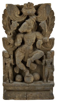 Lot 291 - A CARVED WOOD PANEL FROM A PROCESSIONAL CHARIOT (RATHA)