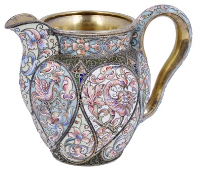 Lot 333 - A RUSSIAN SILVER-GILT AND CLOISONNE ENAMEL CREAM JUG