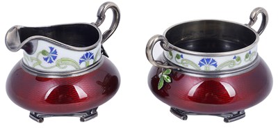 Lot 343 - A NORWEGIAN GUILLOCHE ENAMEL SILVER MILK JUG AND SUGAR BOWL SET