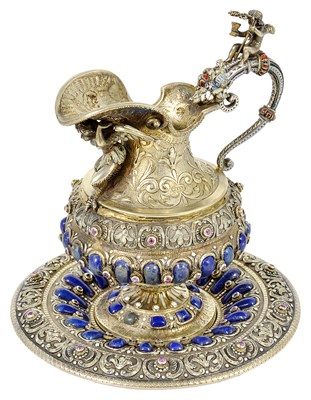 Lot 346 - AN AUSTRIAN SILVER-GILT, ENAMELED AND GEM-SET SMALL EWER AND BASIN