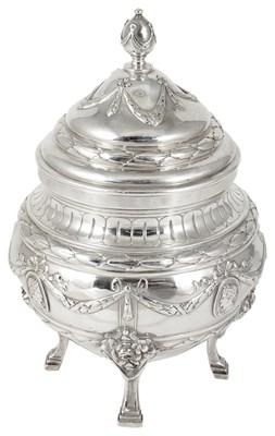 Lot 348 - A GERMAN ELECTROPLATE JAR AND COVER