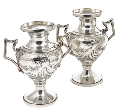 Lot 370 - A PAIR OF GERMAN SILVER TWO-HANDLED VASES