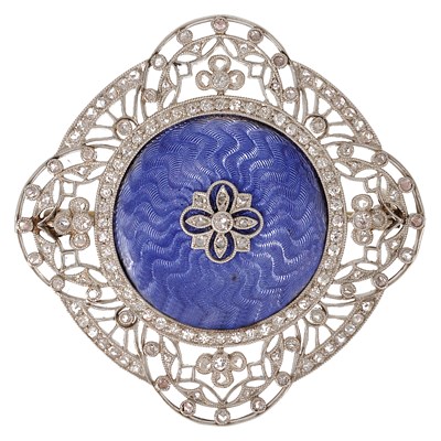 Lot 570 - GUILLOCHE ENAMEL AND DIAMOND BROOCH