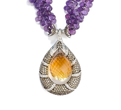 Lot 486 - □ AMETHYST, CITRINE AND DIAMOND NECKLACE