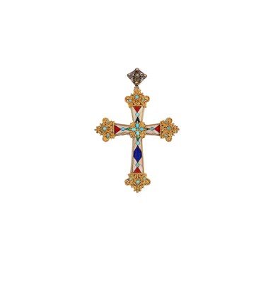 Lot 579 - GOLD, HARDSTONE AND TURQUOISE CROSS PENDANT, 1870s