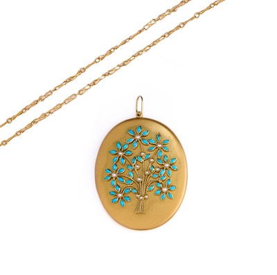 Lot 491 - LONG CHAIN AND TURQUOISE LOCKET