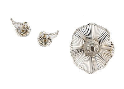 Lot 411 - PIERRE STERLE: PAIR OF DIAMOND EAR CLIPS AND A DIAMOND BROOCH, 1950s
