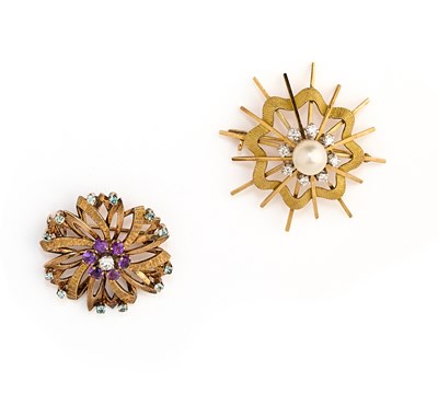 Lot 409 - TWO GEM-SET BROOCHES, 1960s