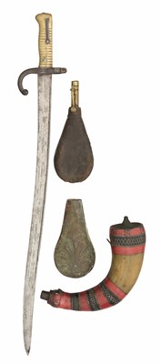 Lot 594 - A FRENCH MODEL 1866 CHASSEPOT BAYONET, DATED 1872, A LEATHER SHOT-FLASK, A TRIBAL HORN FLASK AND A COPPER ALLOY FLASK BODY, 19TH CENTURY