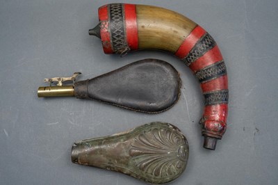 Lot 116 - A FRENCH MODEL 1866 CHASSEPOT BAYONET, DATED 1872, A LEATHER SHOT-FLASK, A TRIBAL HORN FLASK AND A COPPER ALLOY FLASK BODY, 19TH CENTURY