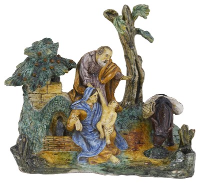 Lot 1 - AN ITALIAN MAIOLICA GROUP OF 'THE REST ON THE FLIGHT TO EGYPT'