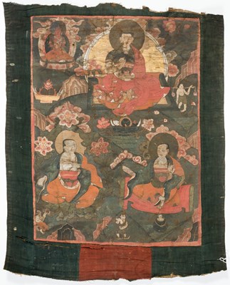 Lot 57 - A THANG-KA DEPICTING THREE ARHATS, TIBET, 19TH CENTURY