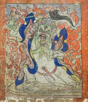 Lot 58 - A TSAKLI DEPICTING A DHARMAPALA, TIBET, 19TH CENTURY