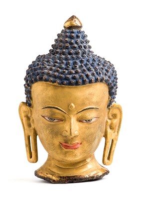 Lot 59 - A GILT-BRONZE HEAD OF BUDDHA, TIBET, 19TH CENTURY