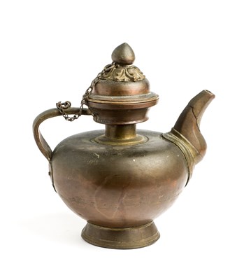 Lot 63 - A BRASS MOUNTED COPPER TEAPOT, TIBET, 19TH CENTURY