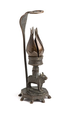 Lot 68 - A TEMPLE LAMP IN THE FORM OF A LOTUS, NORTHERN INDIA, CIRCA 1900