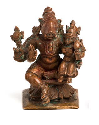 Lot 79 - A SMALL BRONZE FIGURE OF VARAHA, TAMIL NADU, SOUTH INDIA, 19TH CENTURY