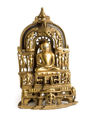 Lot 84 - A JAIN BRASS SHRINE DEPICTING CANDRAPRABHA, GUJARAT, CIRCA 16TH CENTURY