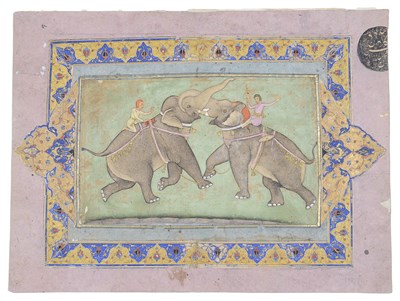 Lot 101 - AN ELEPHANT FIGHT, MUGHAL, NORTHERN INDIA, 18TH CENTURY