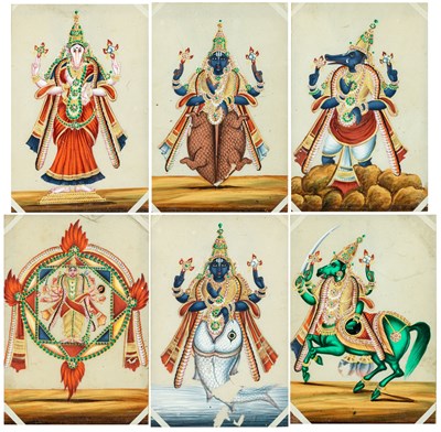 Lot 102 - SIX PAINTINGS OF FORMS OF VISHNU, TRICHINOPOLY, MID 19TH CENTURY