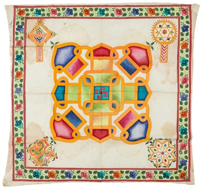 Lot 103 - A PAINTED CLOTH HANGING DEPICTING A YANTRA, WESTERN INDIA, 20TH CENTURY