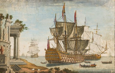 Lot 104 - BRITISH WARSHIPS OFF AN ITALIAN COAST, KUTCH, WESTERN INDIA, 18TH CENTURY