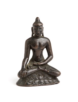 Lot 129 - A BRONZE FIGURE OF BUDDHA, PROBABLY BURMA, 19TH CENTURY OR EARLIER