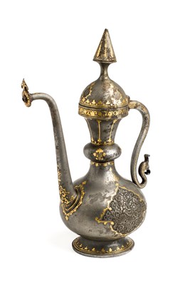 Lot 146 - A QAJAR GOLD DAMASCENED IRON EWER, PERSIA, 19TH CENTURY