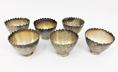 Lot 154 - A SET OF SIX SILVER COFFEE CUP HOLDERS (ZARF), PERSIA, CIRCA 1900