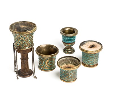 Lot 164 - A GROUP OF FIVE INLAID BRASS GHALIAN CUPS, PERSIA, CIRCA 1900